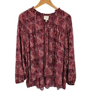 Knox Rose Womens Button Up Paisley Oversized Tunic Top Sz S Long Sleeve Boho